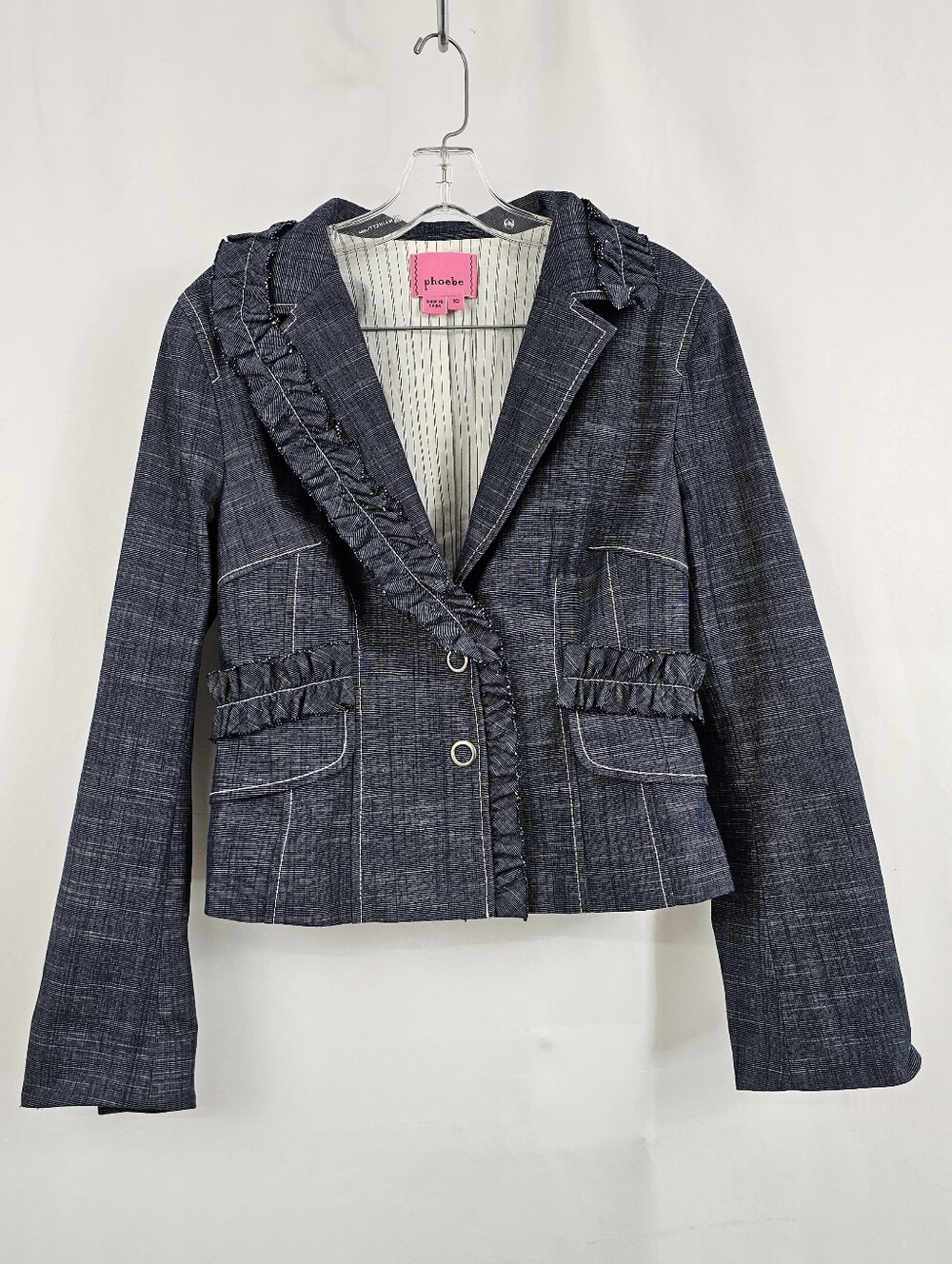 Phoebe Denim Blazer Ruffled Edge Trim Contrast Stitching, Sz 10